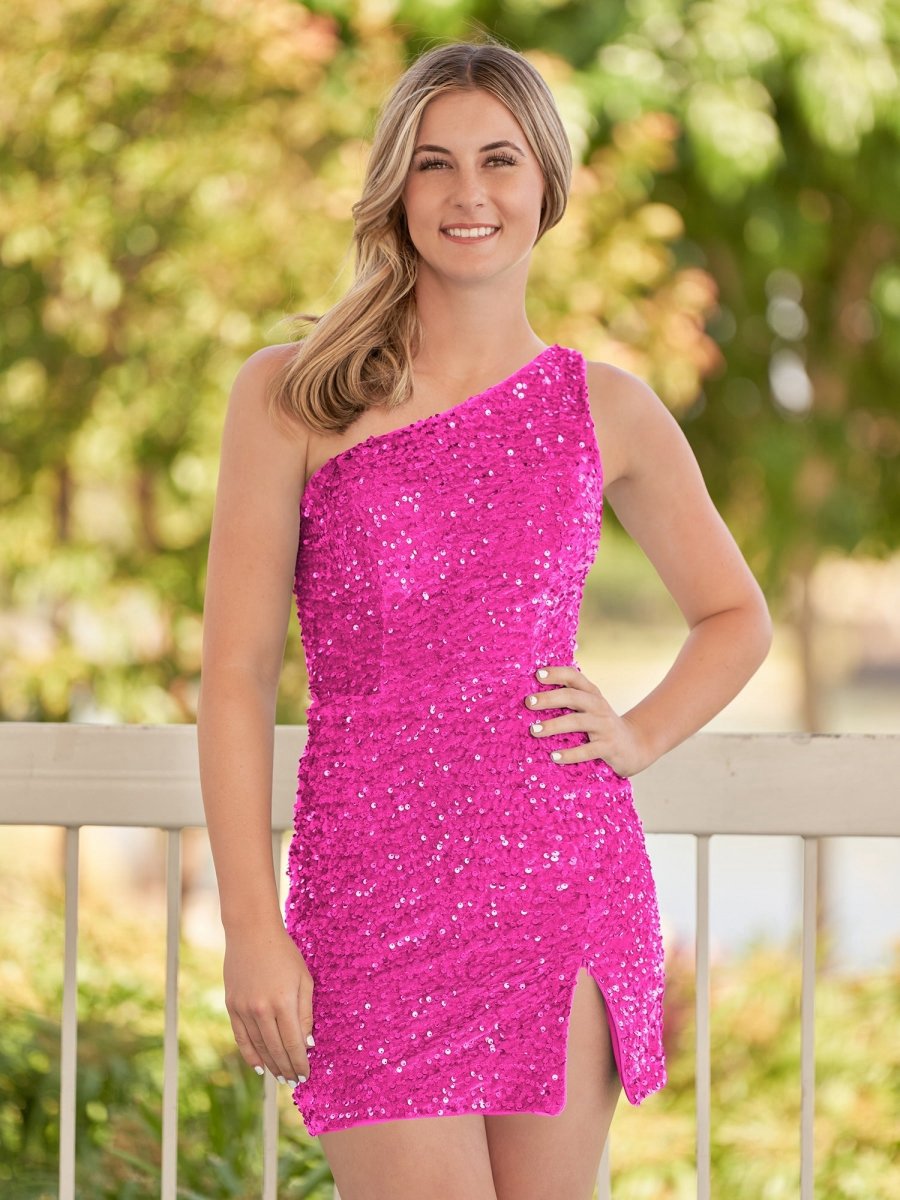 Sheath One Shoulder Sequin Homecoming Dresses with Slit