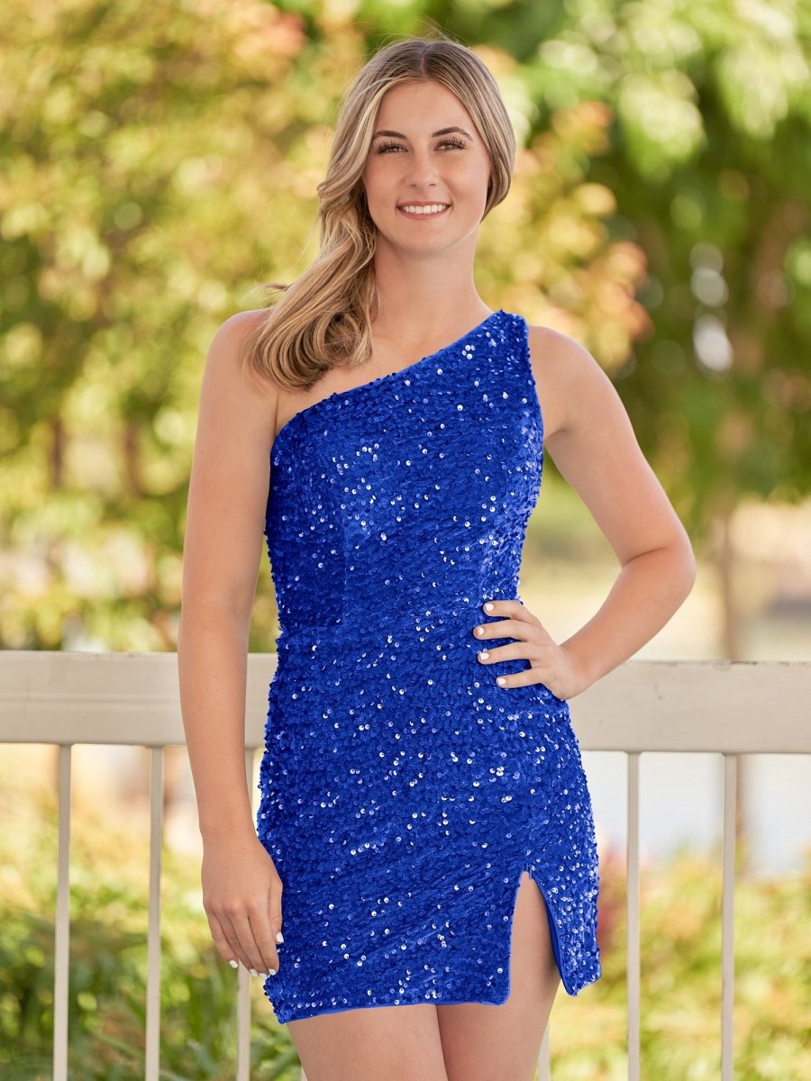 Sheath One Shoulder Sequin Homecoming Dresses with Slit