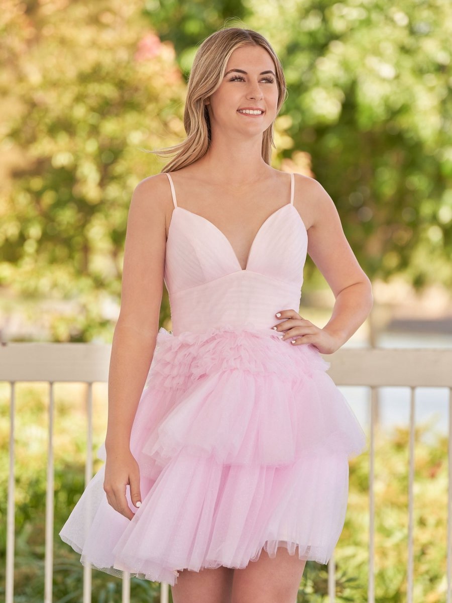 A-line Deep V Neck Tie Short Homecoming Dresses