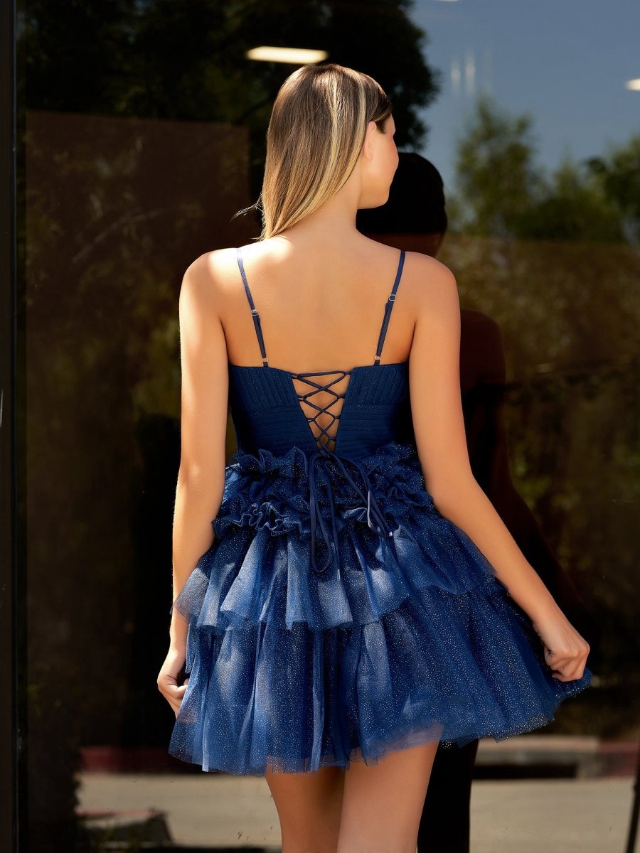 A-line Deep V Neck Tie Short Homecoming Dresses