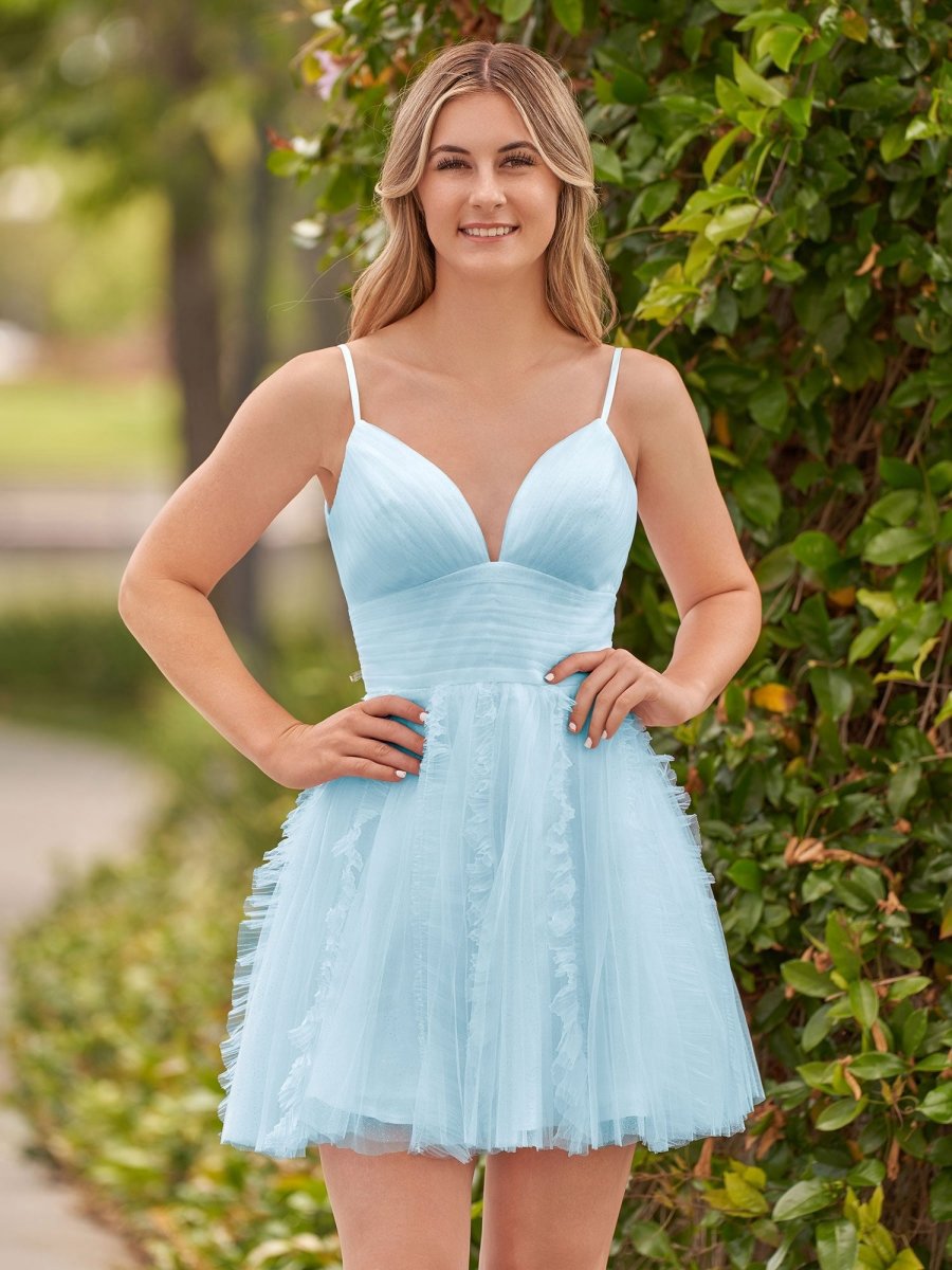 A-line Deep V Neck Ruched Short Homecoming Dresses