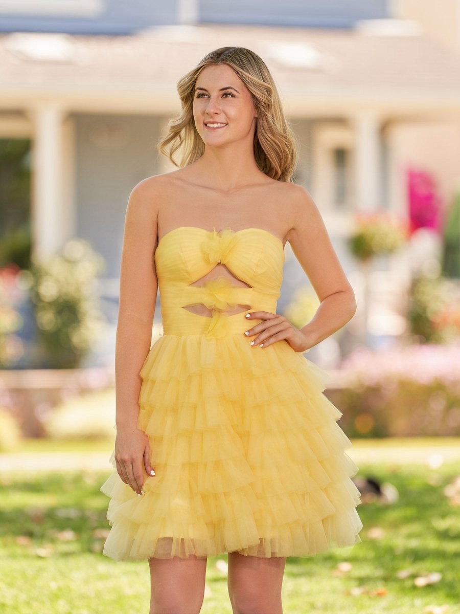 Strapless Tie Ruffle Tulle Short Homecoming Dresses with Flowers