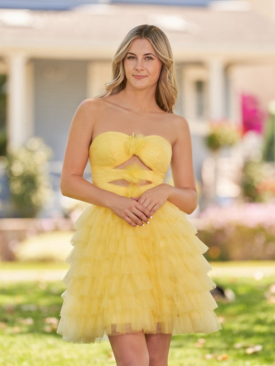 Strapless Tie Ruffle Tulle Short Homecoming Dresses with Flowers