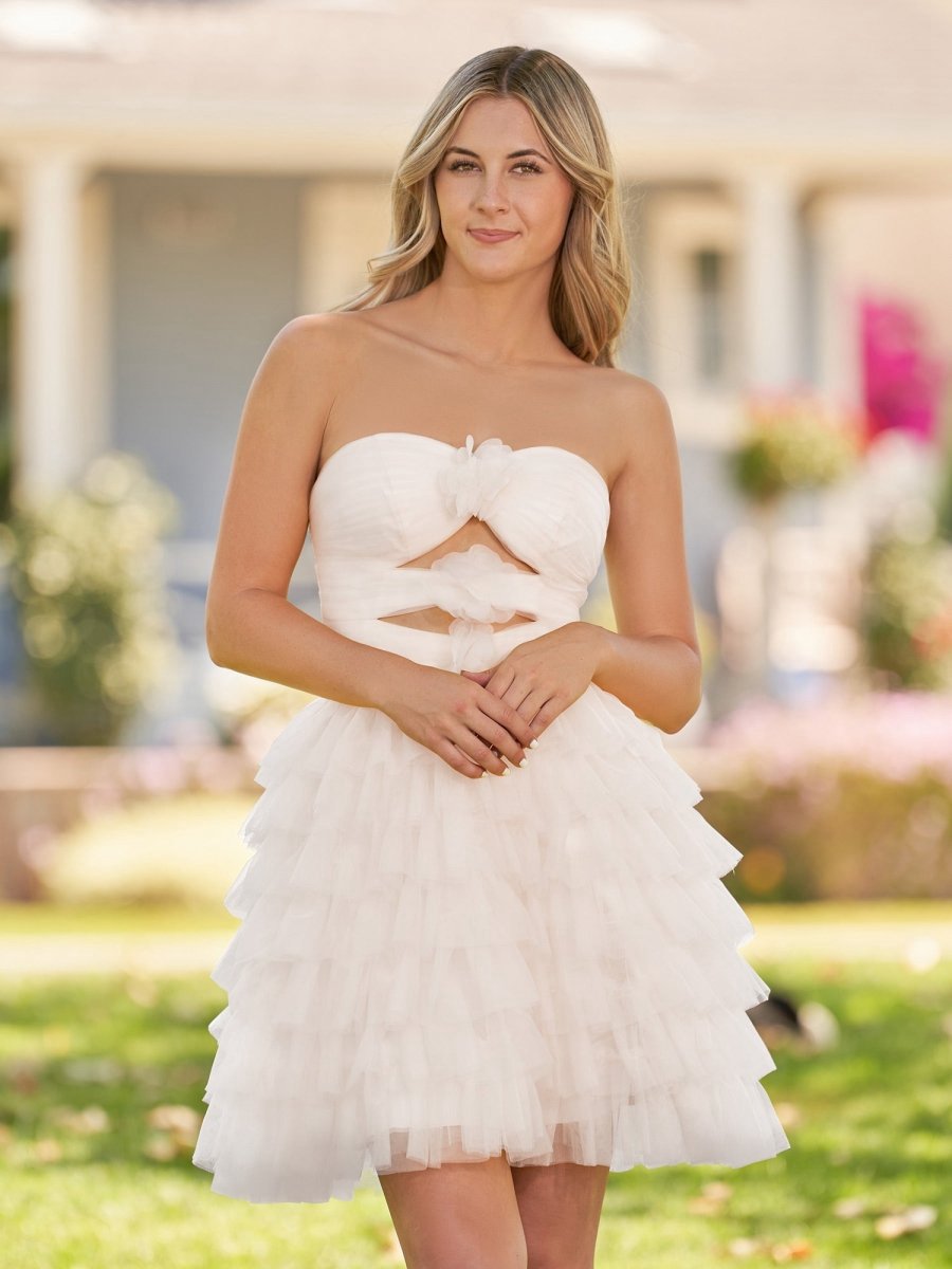 Strapless Tie Ruffle Tulle Short Homecoming Dresses with Flowers