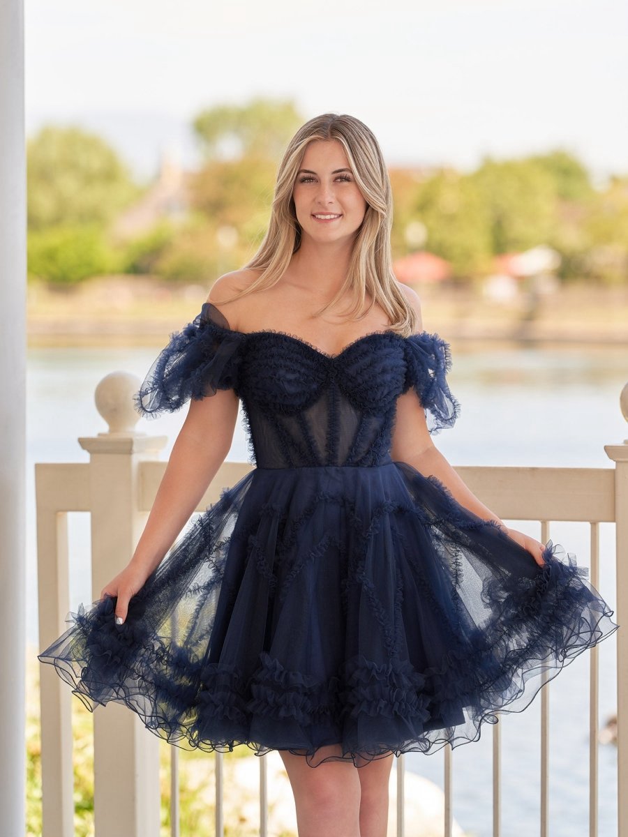A-line Sweetheart Puff Sleeves Short Homecoming Dresses with Ruffles