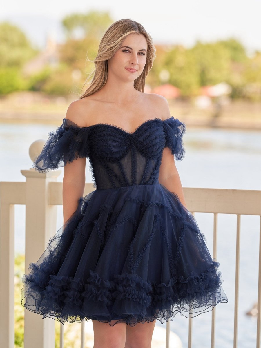 A-line Sweetheart Puff Sleeves Short Homecoming Dresses with Ruffles