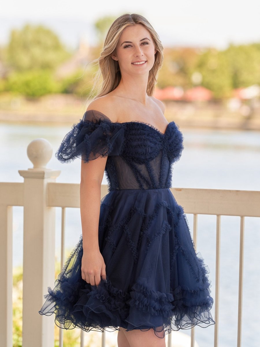 A-line Sweetheart Puff Sleeves Short Homecoming Dresses with Ruffles