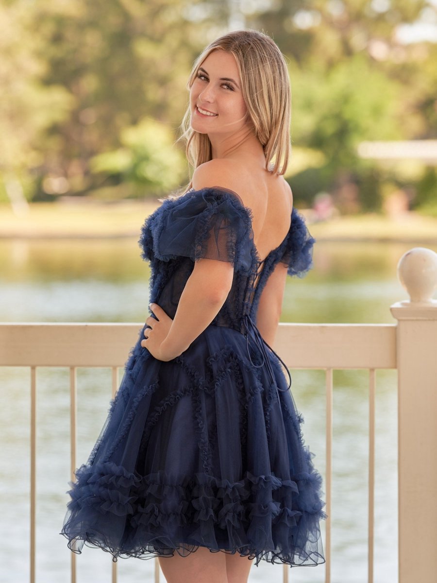 A-line Sweetheart Puff Sleeves Short Homecoming Dresses with Ruffles