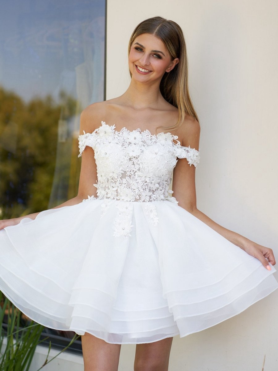 A-line Lace Organza Appliqued Off-the Shoulder Prom Dresses
