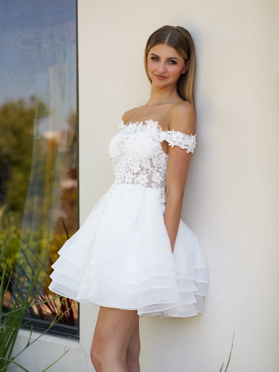 A-line Lace Organza Appliqued Off-the Shoulder Prom Dresses