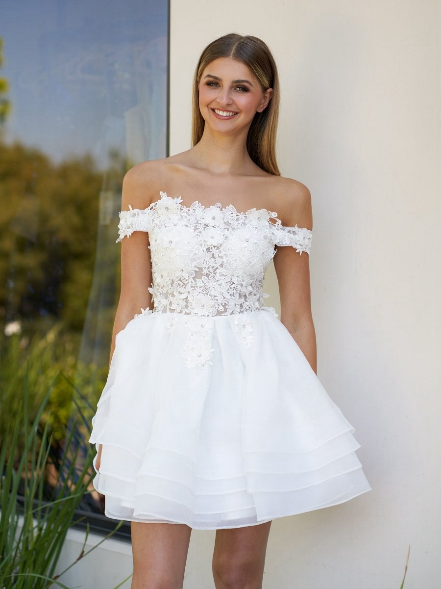 A-line Lace Organza Appliqued Off-the Shoulder Prom Dresses