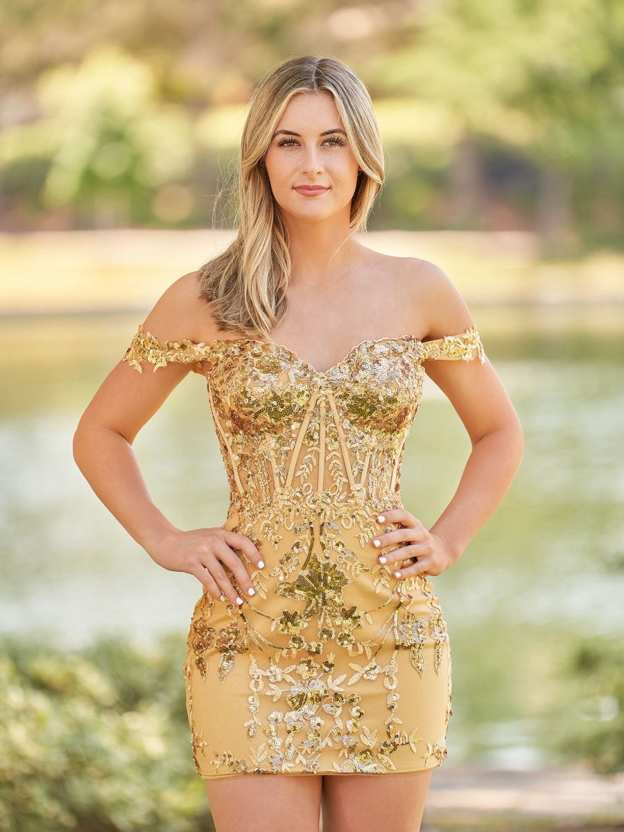 Short Off the Shoulder Sheath Gold Kace Corset Homecoming Dresses