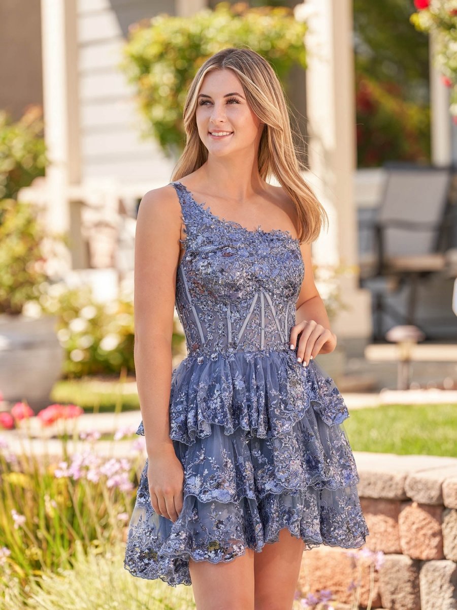 A-line One Shoulder Navy Tie Lace Short Homecoming Dresses