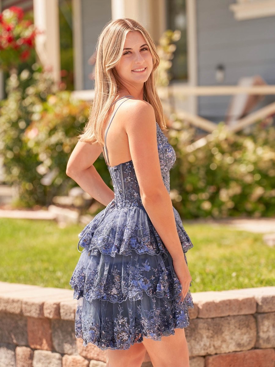 A-line One Shoulder Navy Tie Lace Short Homecoming Dresses