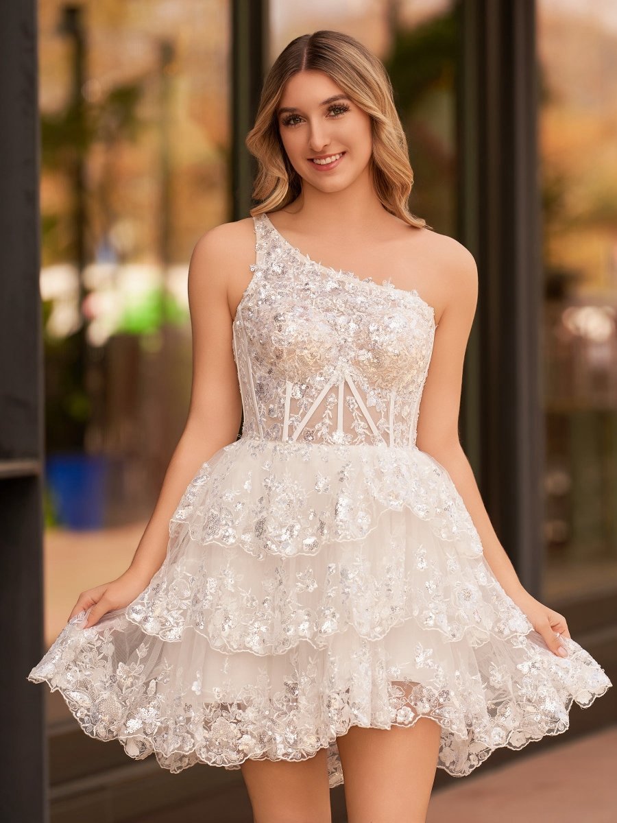 A-line One Shoulder Navy Tie Lace Short Homecoming Dresses