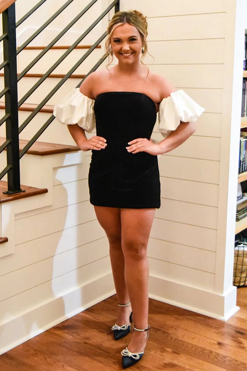 Strapless Puff Sleeves Bodycon Short Homecoming Dresses with Bow