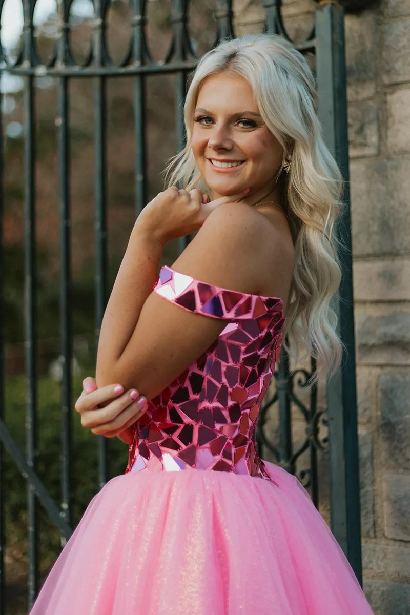 Glitter Off the Shoulder A-line Tulle Short Homecoming Dresses