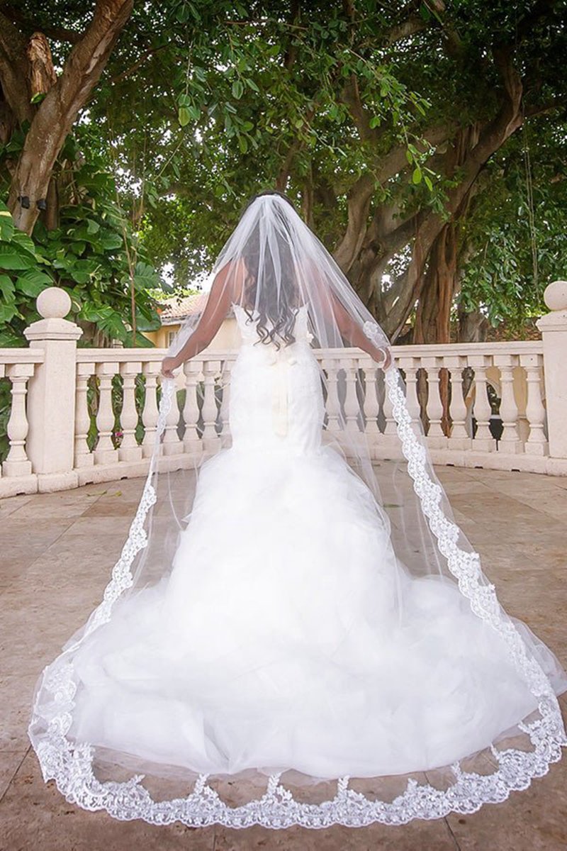 Vintage Lace Appliques Long Chapel Veils Floor Length Wedding Veils