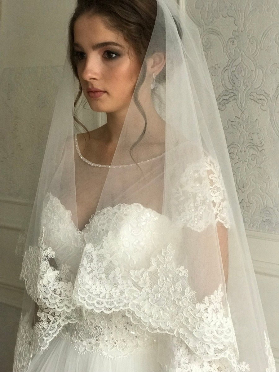 Vintage White Cathedral Lace Double Tiers Long Wedding veil
