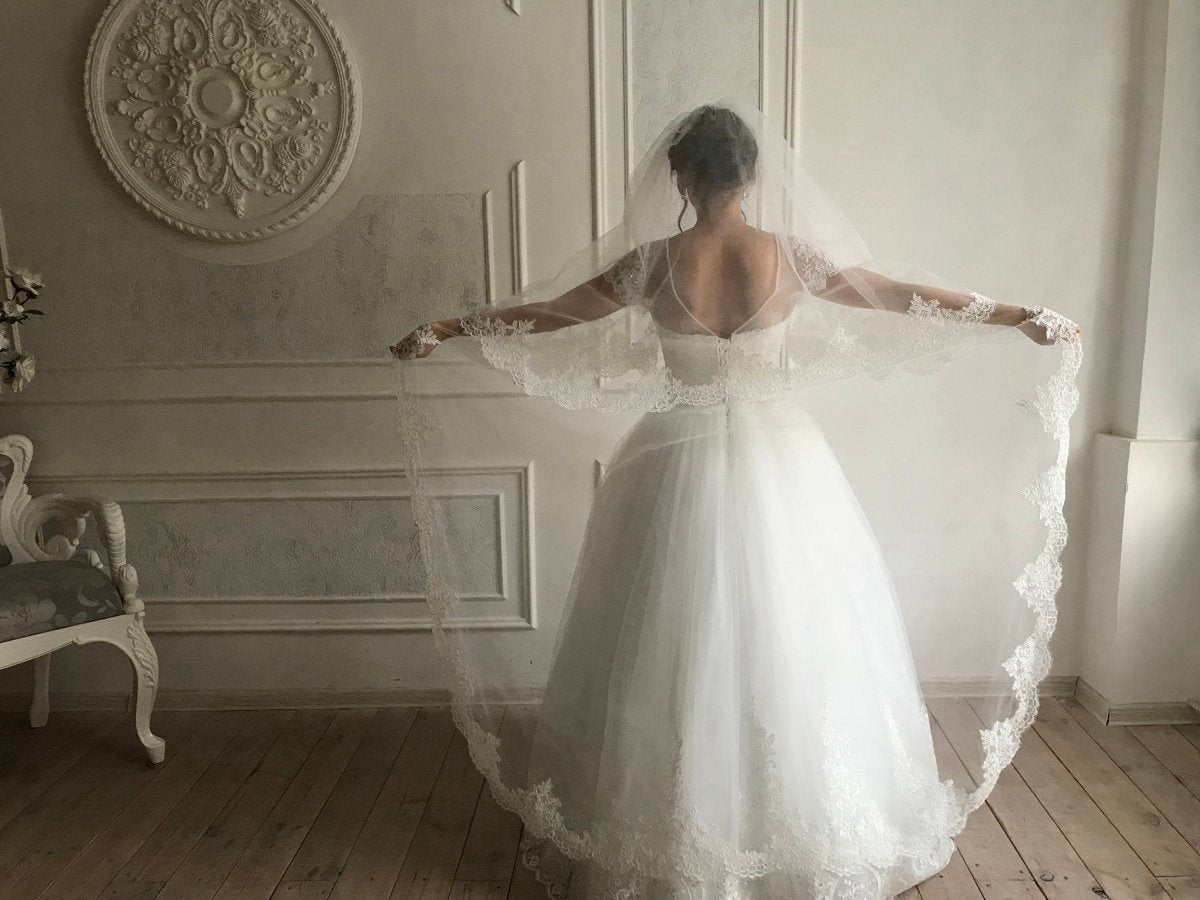 Vintage White Cathedral Lace Double Tiers Long Wedding veil