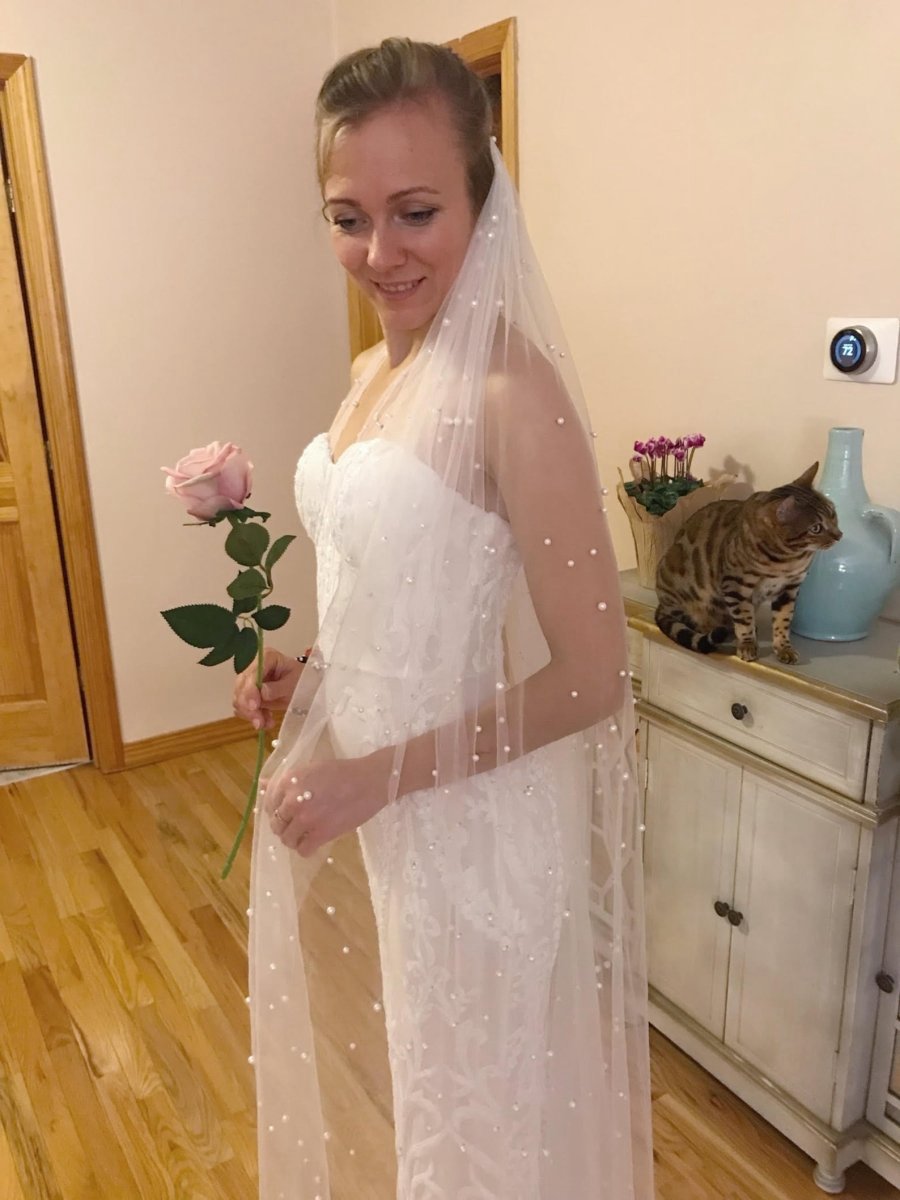 Vintage Lace Tulle Pearl Bridal Veil Wedding Veil
