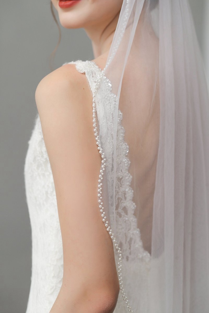 Vintage Pearls Ivory With Beaded Scalloped Bridal Veil Wedding Veil