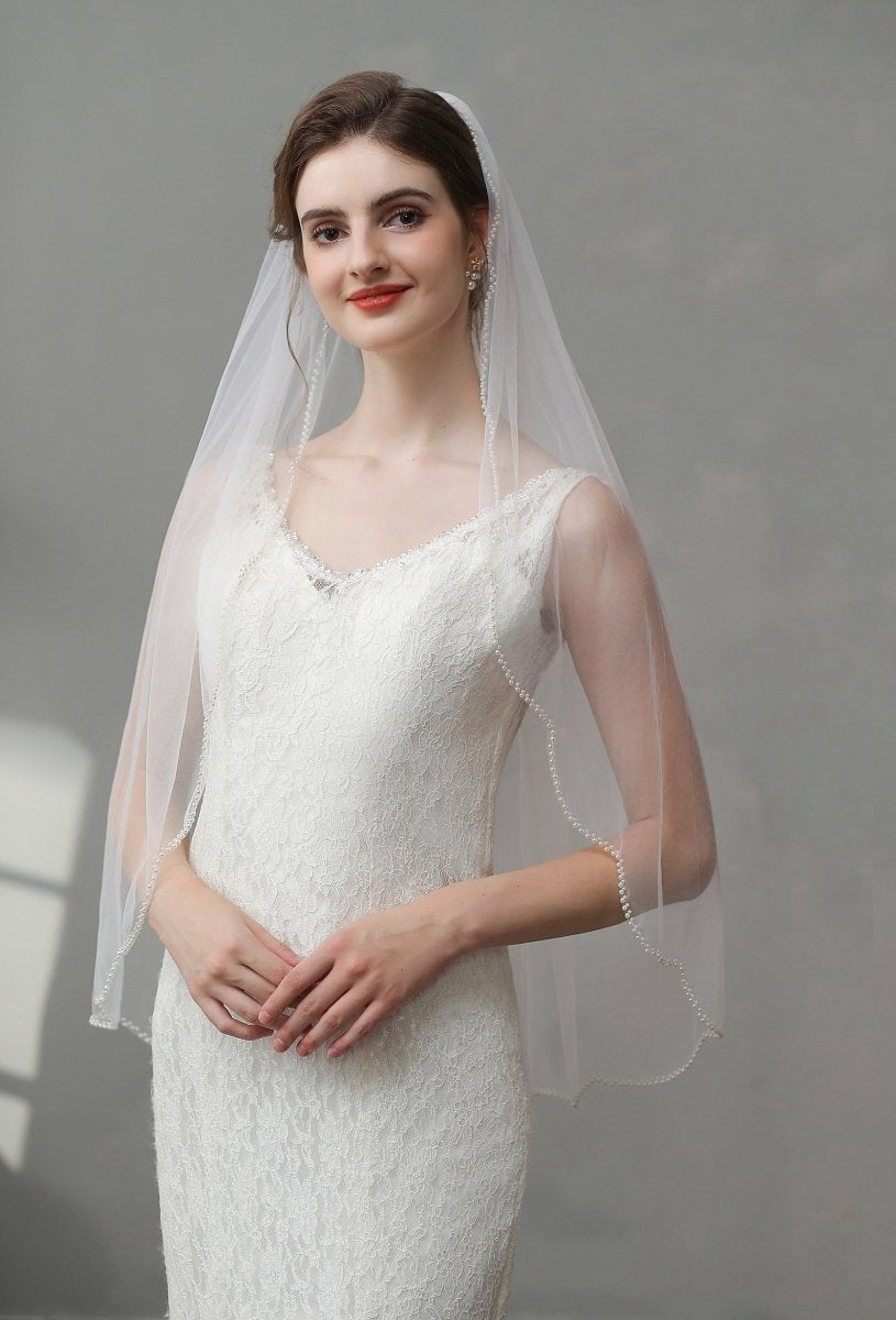 Vintage Pearls Ivory With Beaded Scalloped Bridal Veil Wedding Veil