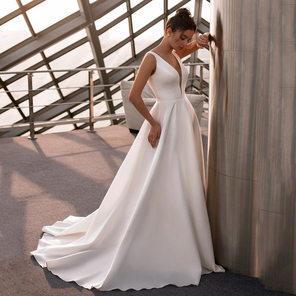 A-line Satin Elegant V Neck Wedding Dresses