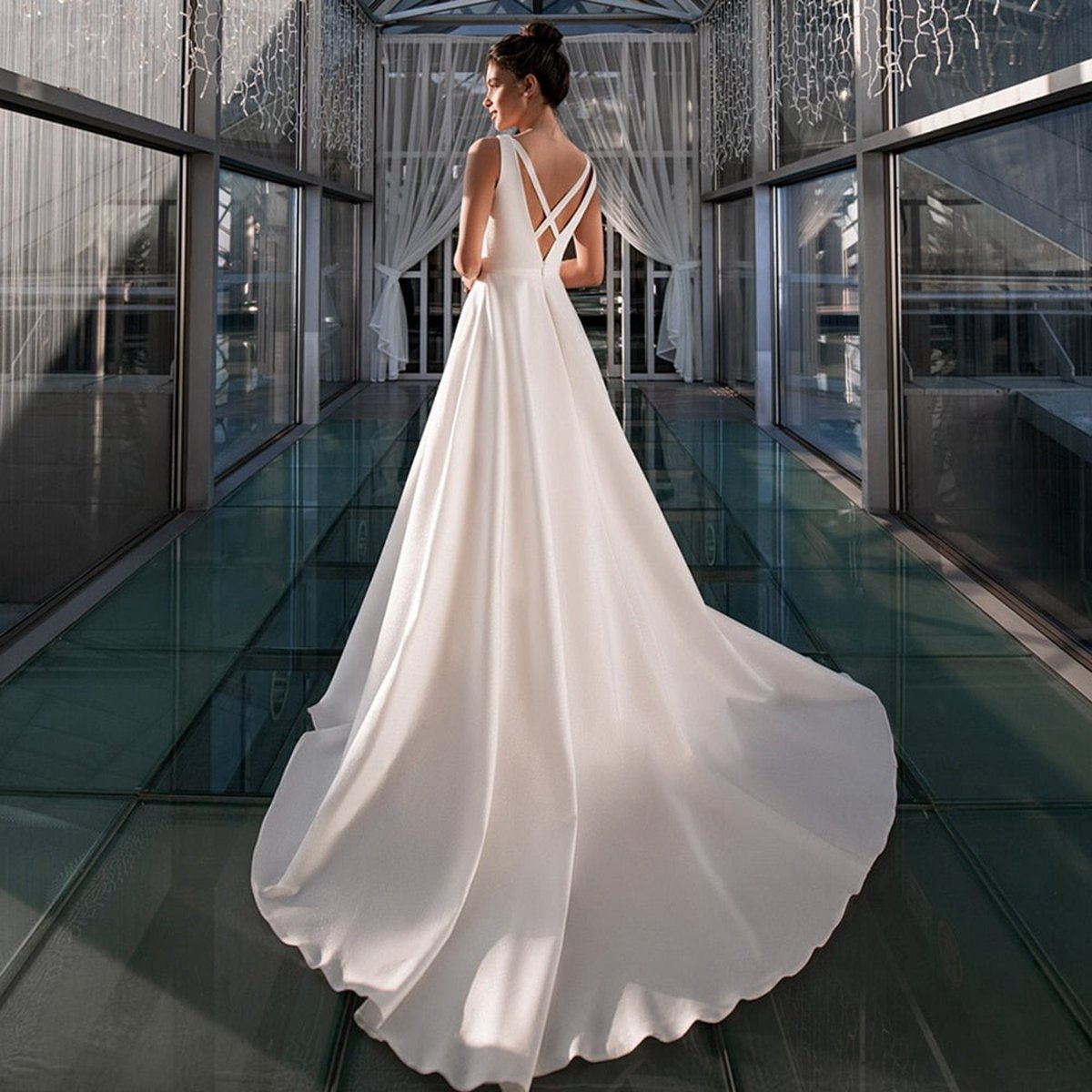 A-line Satin Elegant V Neck Wedding Dresses