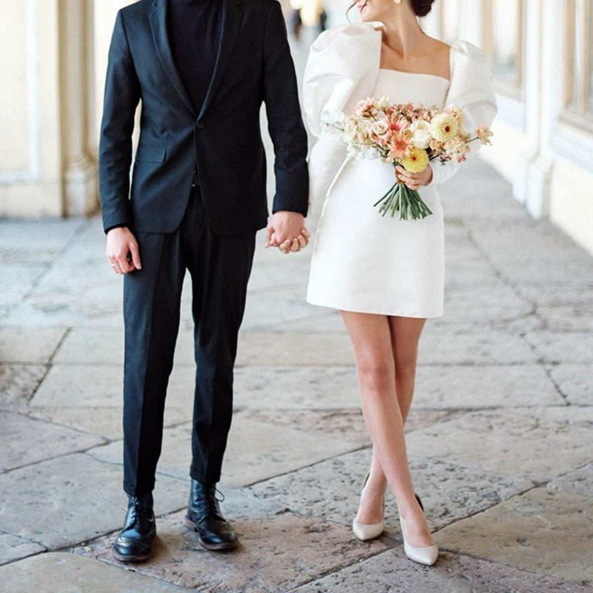 Satin Short Wedding Dresses with Puff Sleeves