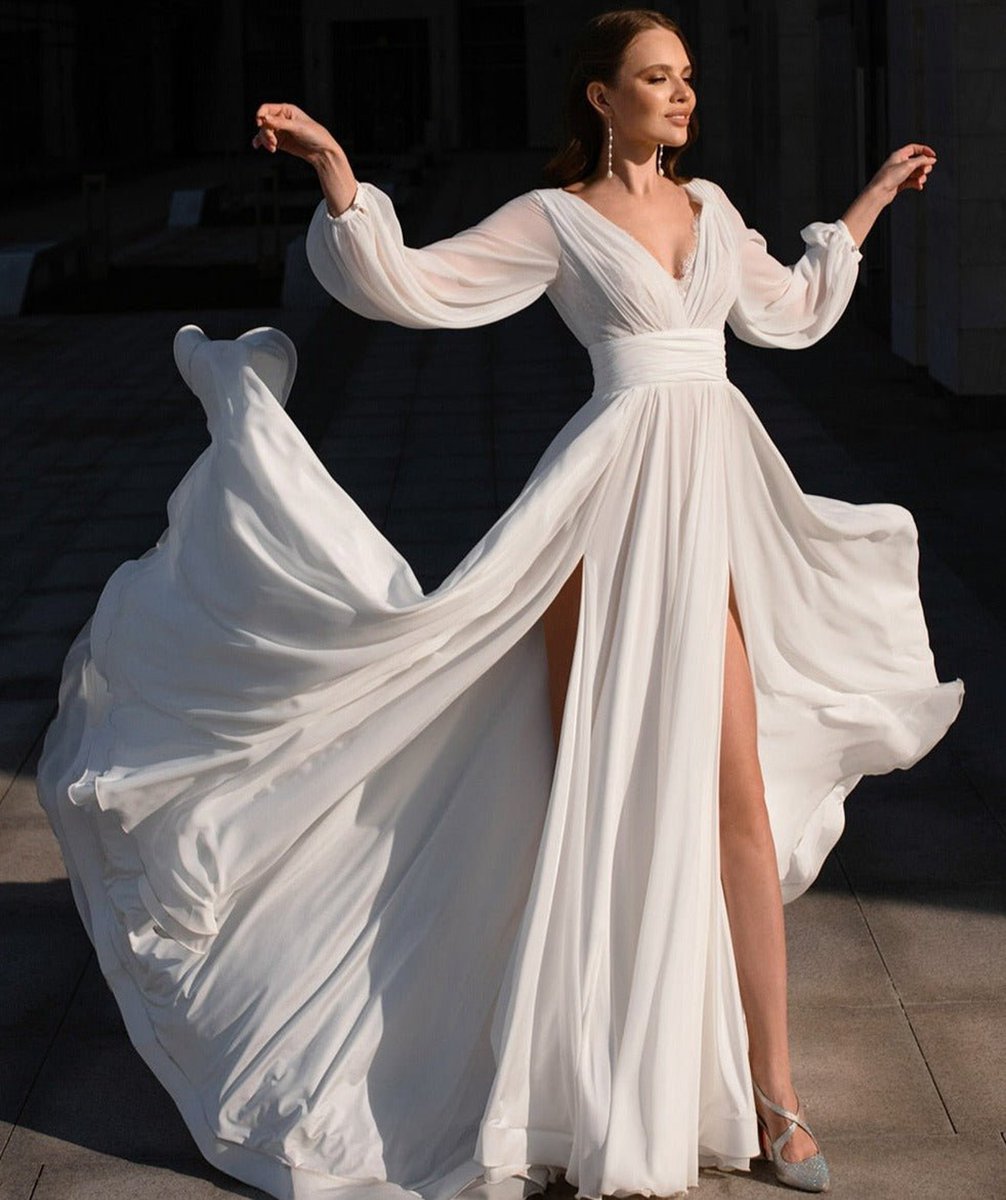 Boho A-line V Neck Long Sleeve Wedding Dresses