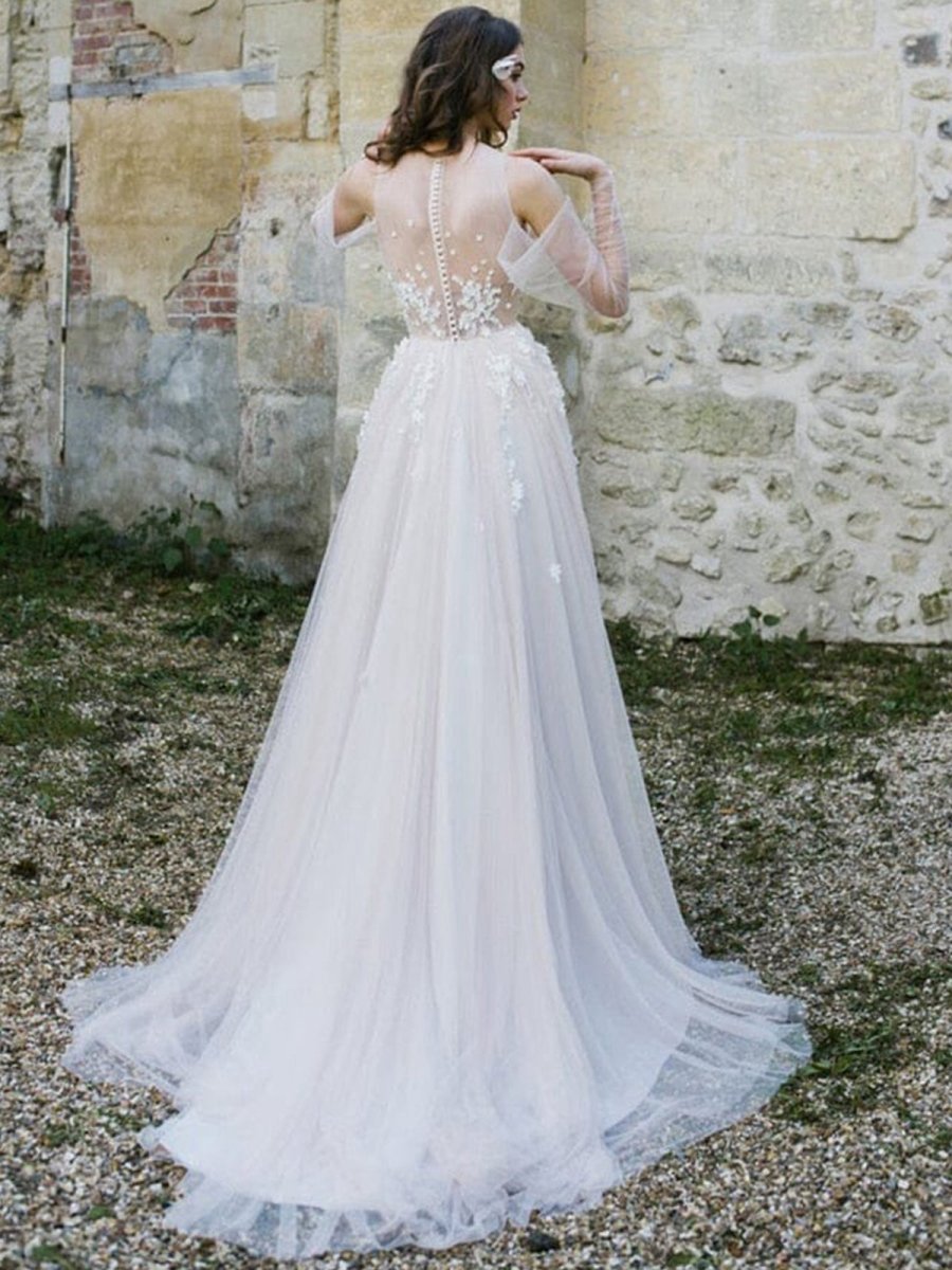 Off-The-Shoulder Tulle Illusion Sleeve Wedding Dresses with Appliques