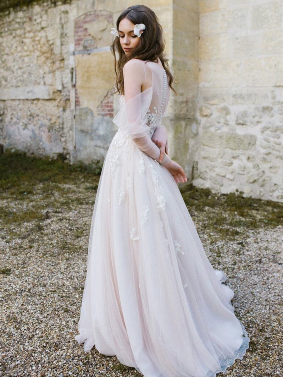 Off-The-Shoulder Tulle Illusion Sleeve Wedding Dresses with Appliques