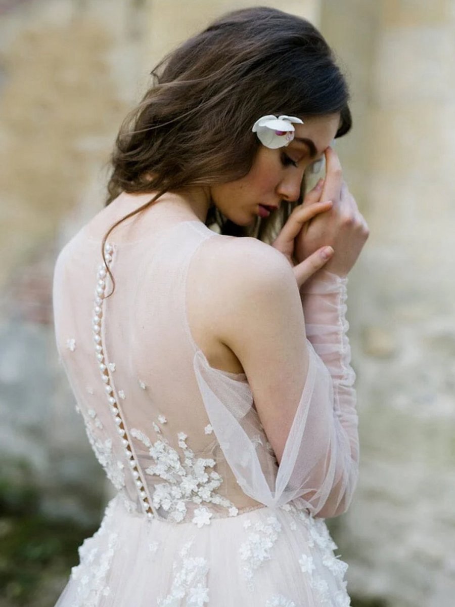 Off-The-Shoulder Tulle Illusion Sleeve Wedding Dresses with Appliques