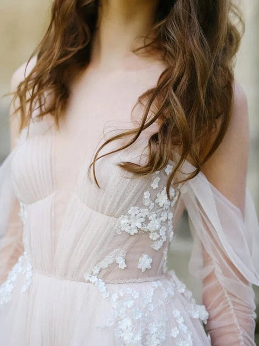 Off-The-Shoulder Tulle Illusion Sleeve Wedding Dresses with Appliques
