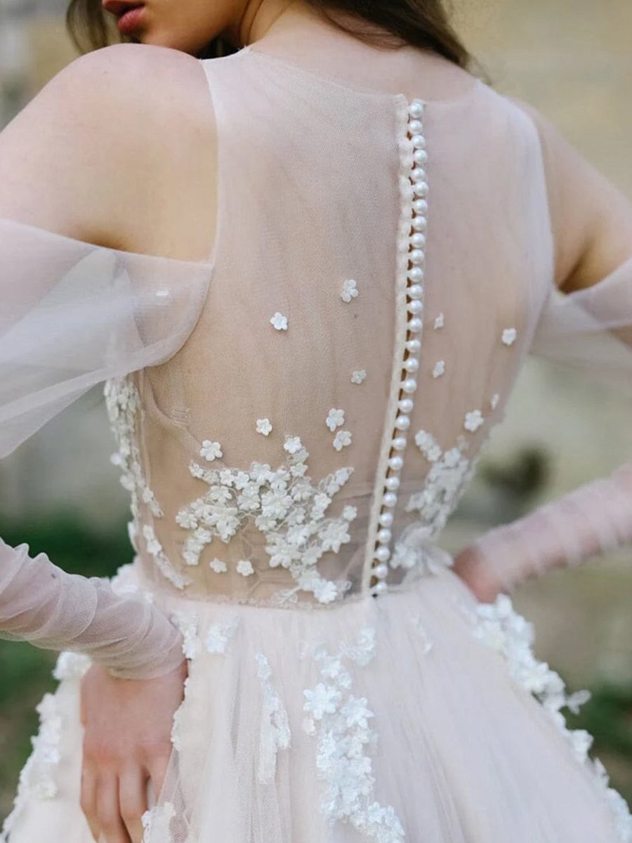 Off-The-Shoulder Tulle Illusion Sleeve Wedding Dresses with Appliques