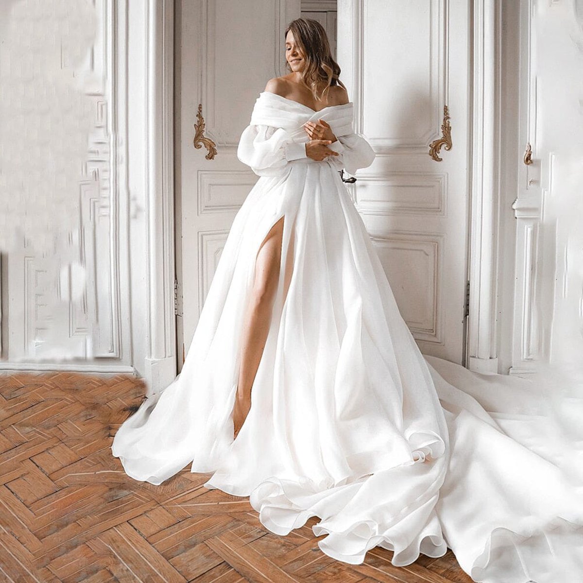 A-line Off the Shoulder Wedding Dresses with Slit
