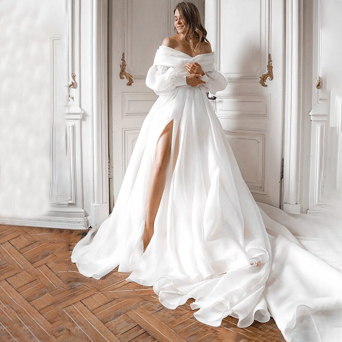 A-line Off the Shoulder Wedding Dresses with Slit