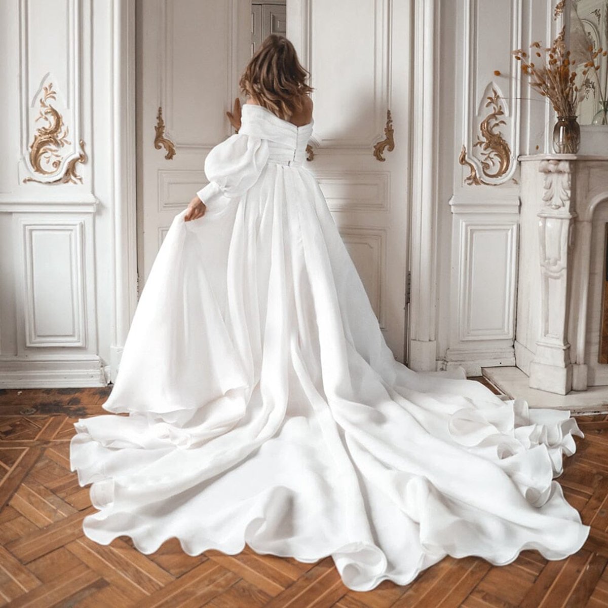 A-line Off the Shoulder Wedding Dresses with Slit