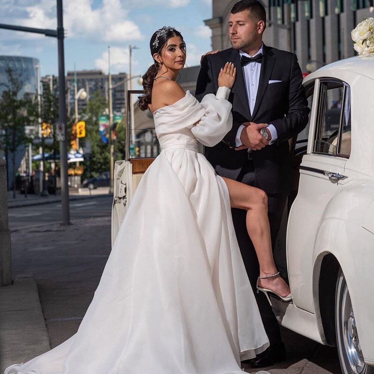 A-line Off the Shoulder Wedding Dresses with Slit