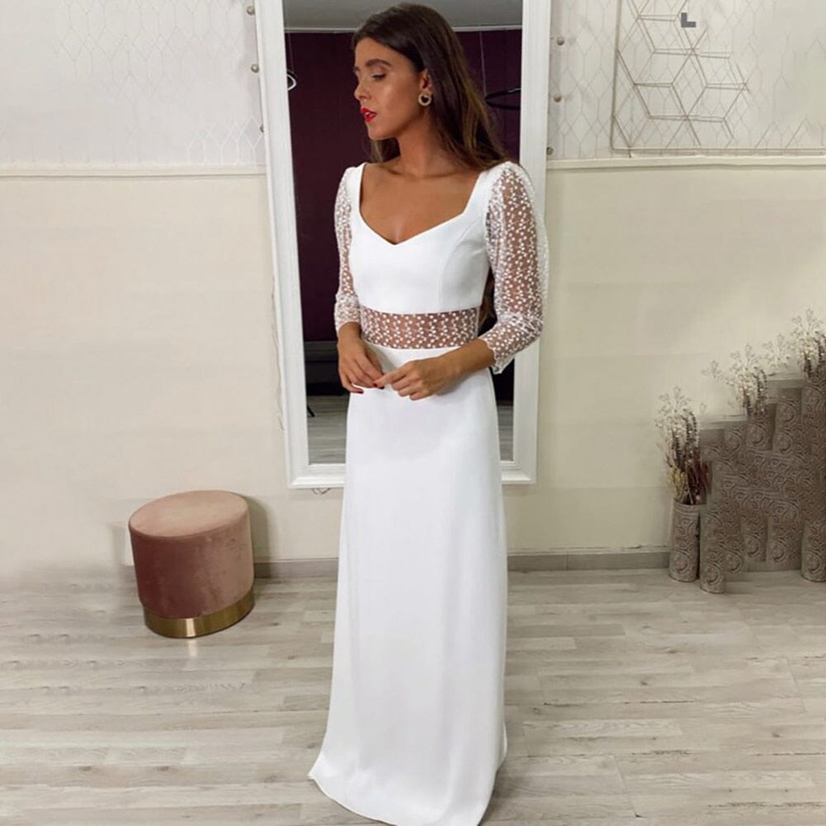 Sheath V Neck Satin Long Wedding Dresses