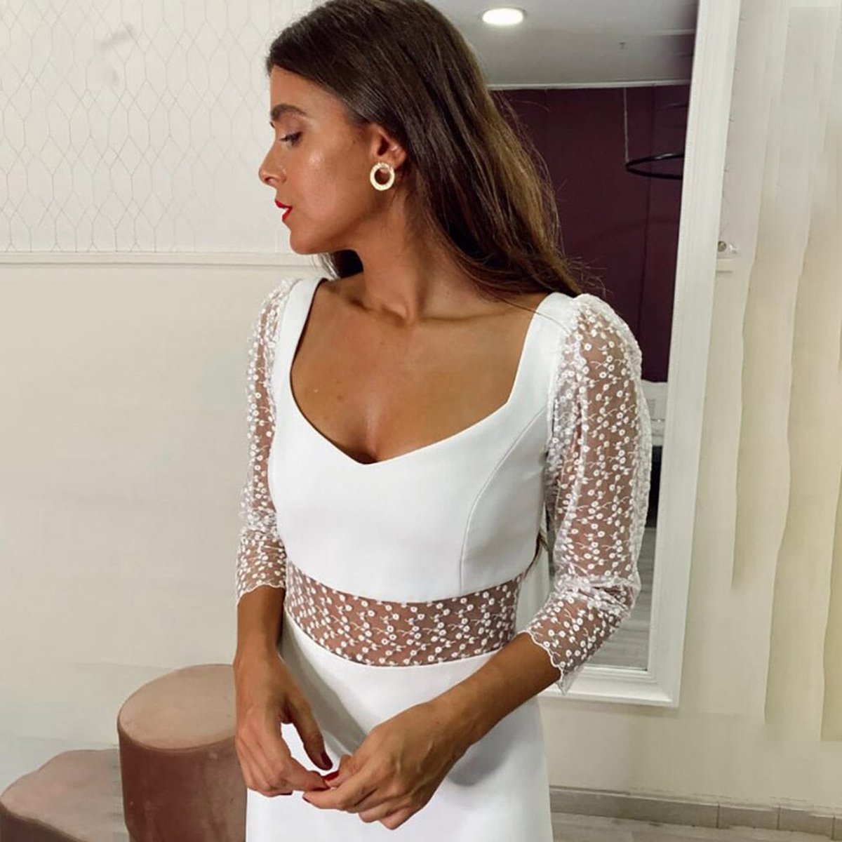 Sheath V Neck Satin Long Wedding Dresses