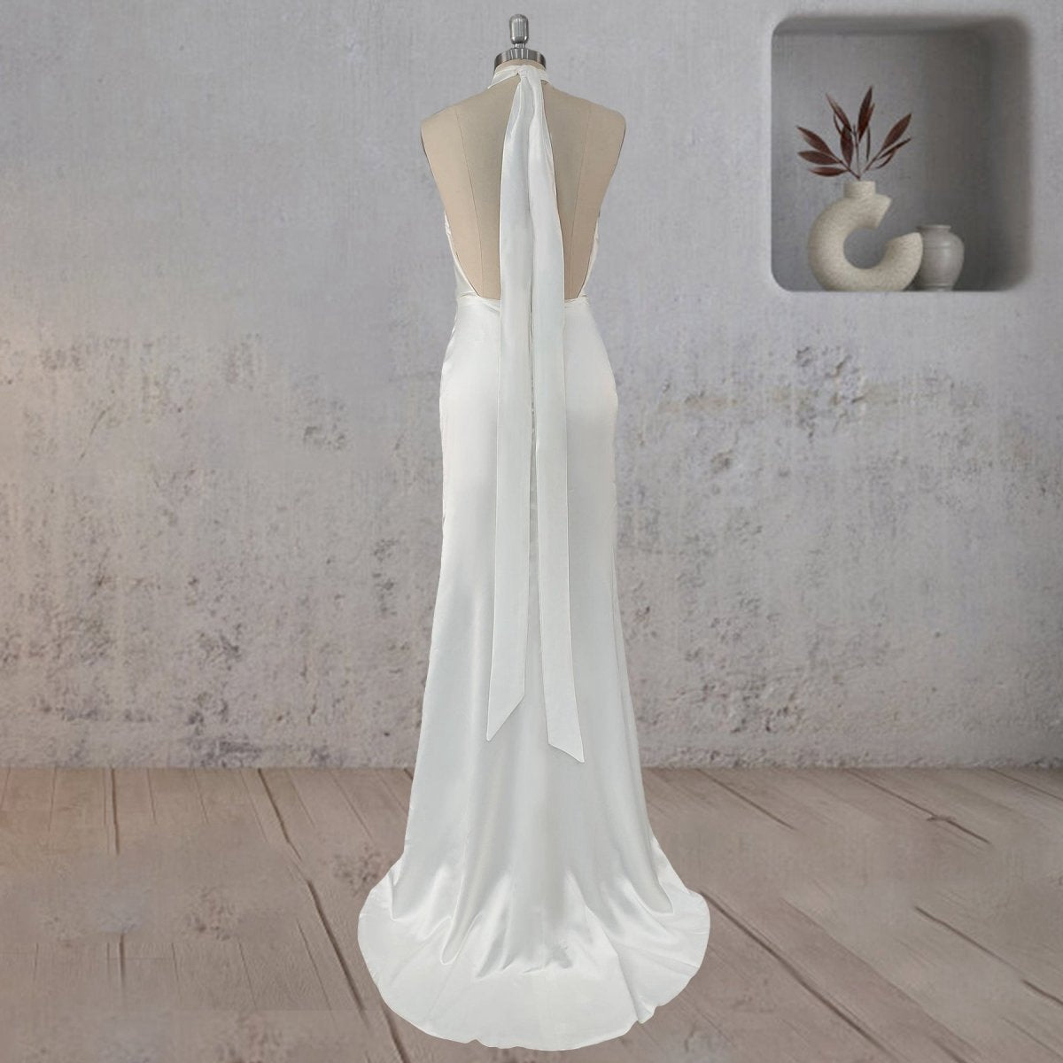 Sheath Satin Backless Halter Wedding Dresses