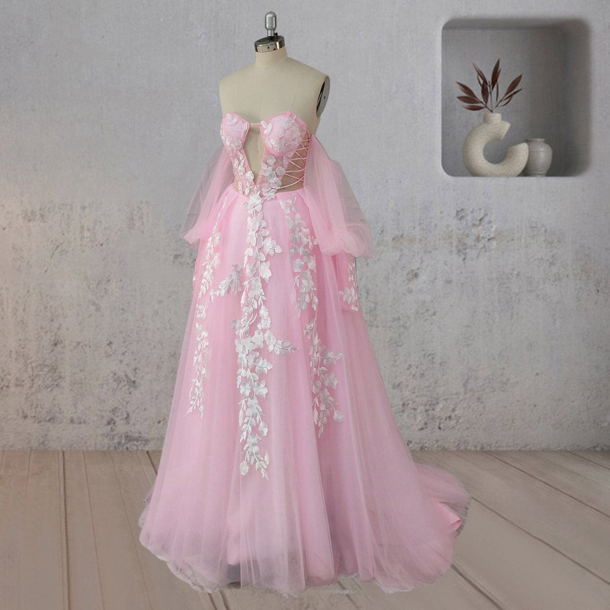 A-line Floral Appliques Polka Dots Wedding Dresses with Slit