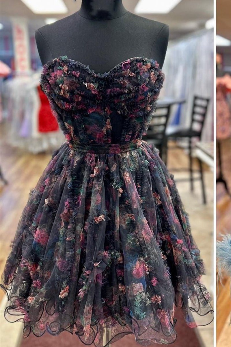 A-line Strapless Floral Homecoming Dresses