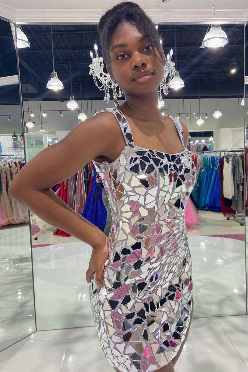 Square Neck Cut Mirror Sequin Bodycon Homecoming Dresses