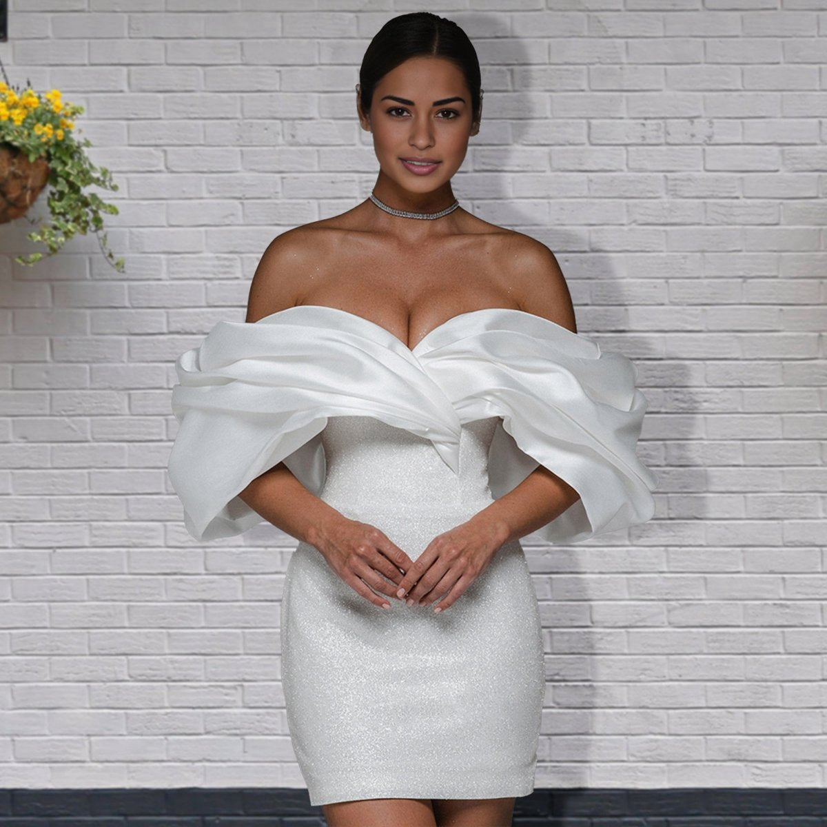 Sheath Glitter Short Off-the-Shoulder Wedding Dresses with Lace-Up Back
