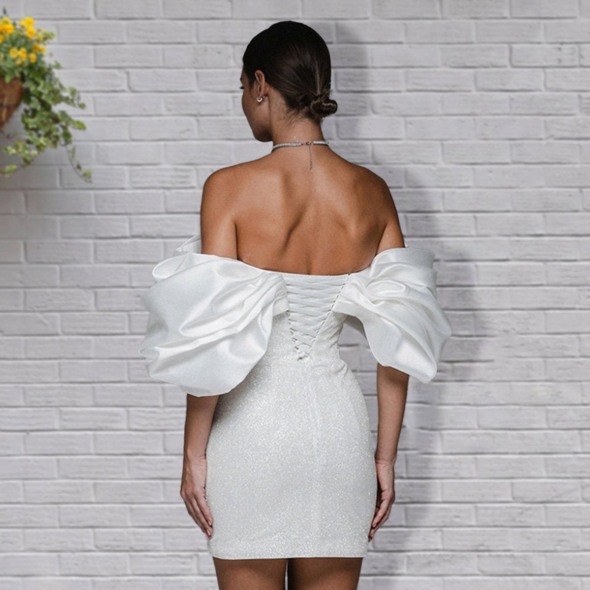 Sheath Glitter Short Off-the-Shoulder Wedding Dresses with Lace-Up Back