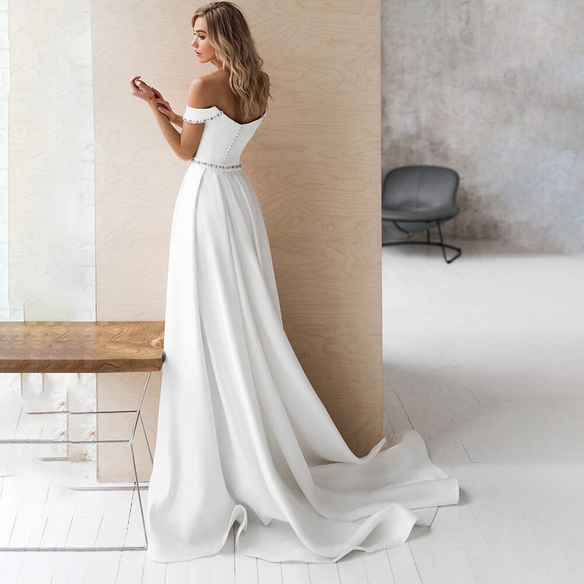 A-line Off the Shoulder Beaded Wedding Dresses