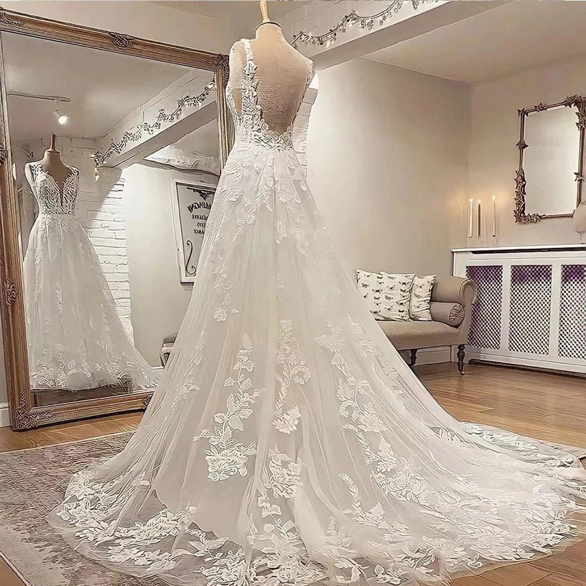 A-line Bohemian 3D Floral Backless Wedding Dresses